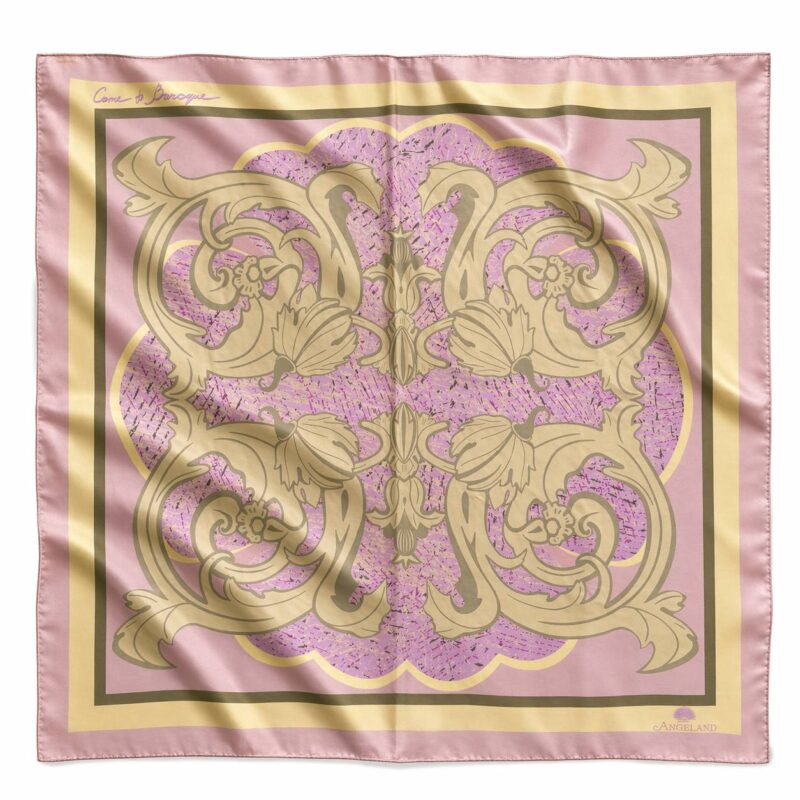 Come to Baroque pink square silk scarf with gold Baroque ornaments inspired by Vienna Karlskirche