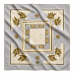 Grey Carrara square silk scarf with marble texture, gold Baroque leaves and geometric frames