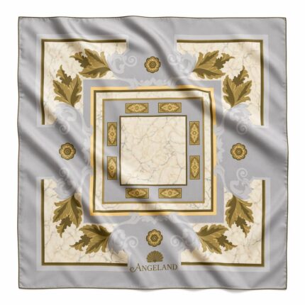 Grey Carrara square silk scarf with marble texture, gold Baroque leaves and geometric frames