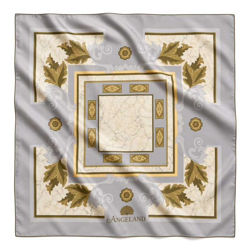 Grey Carrara square silk scarf with marble texture, gold Baroque leaves and geometric frames