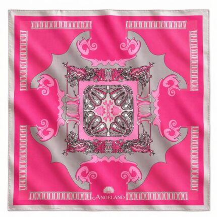 Harmony of Lines pink and grey square silk scarf with Baroque scrolls, shell motifs and symmetrical design