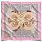 Baroque Dessert pink and grey square silk scarf with golden curls, waffle pattern and Viennese ornament