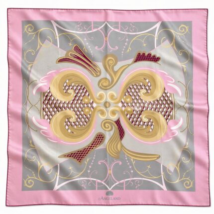 Baroque Dessert pink and grey square silk scarf with golden curls, waffle pattern and Viennese ornament
