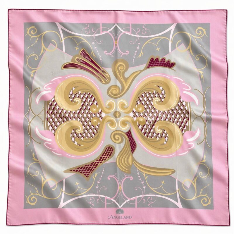 Baroque Dessert pink and grey square silk scarf with golden curls, waffle pattern and Viennese ornament