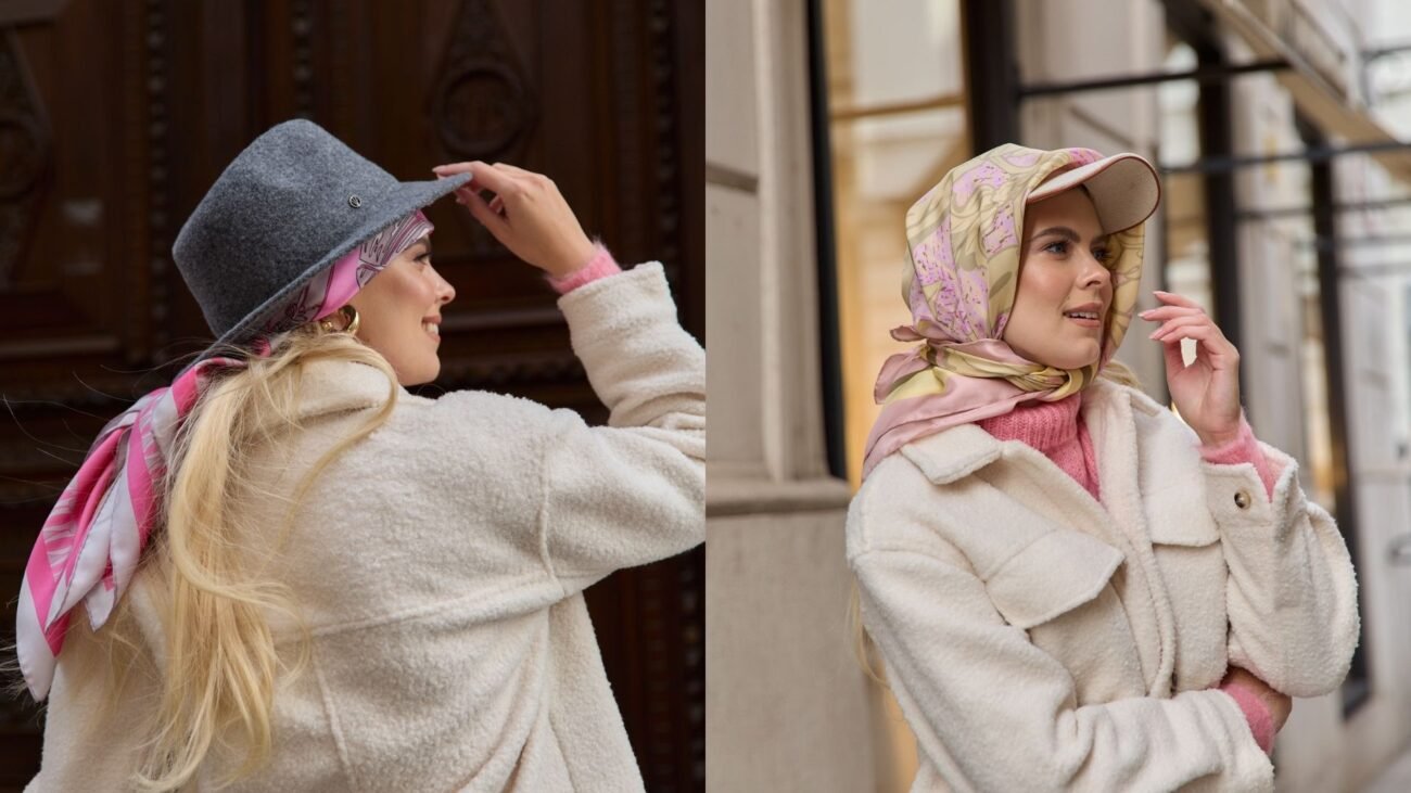 Silk scarf styled with a felt hat and a baseball cap