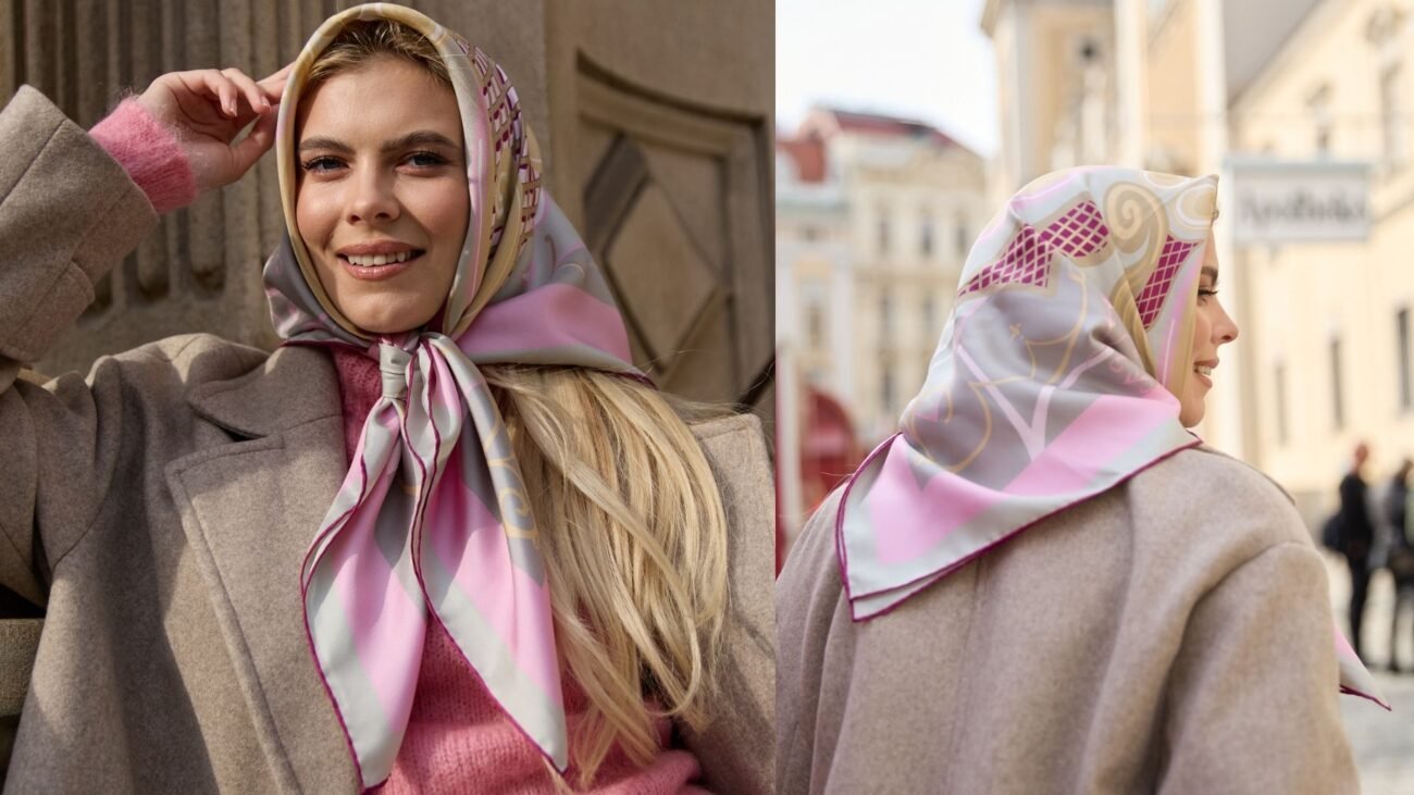 Silk scarf styled as a classic headscarf tied under the chin and at the back